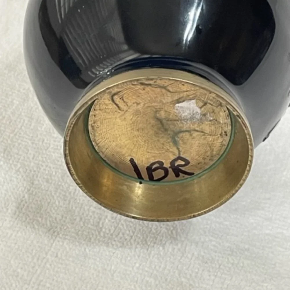 Asian black lacquer, brass and mother of pearl vase